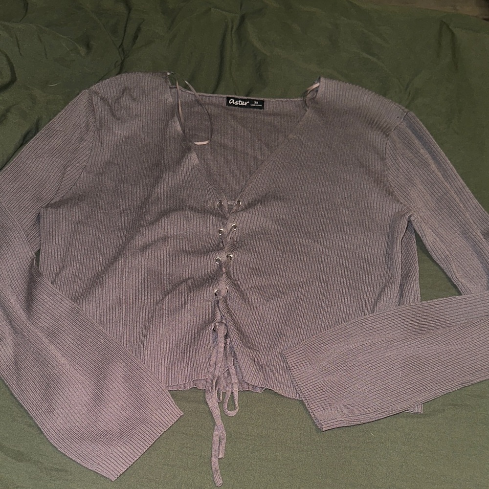 Gray Lace-Up Ribbed Top